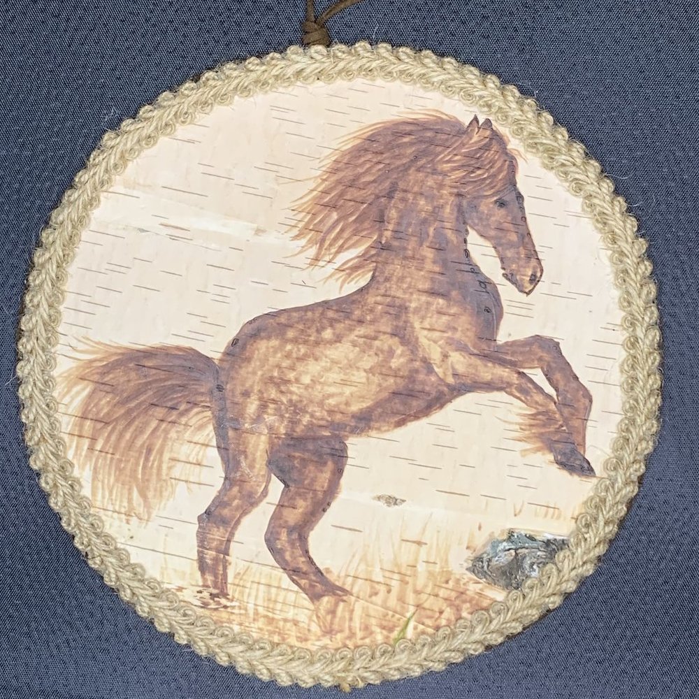 Handmade Birch Bark Pyrography Black Horse Wall Art Wood Burning Rustic Gift